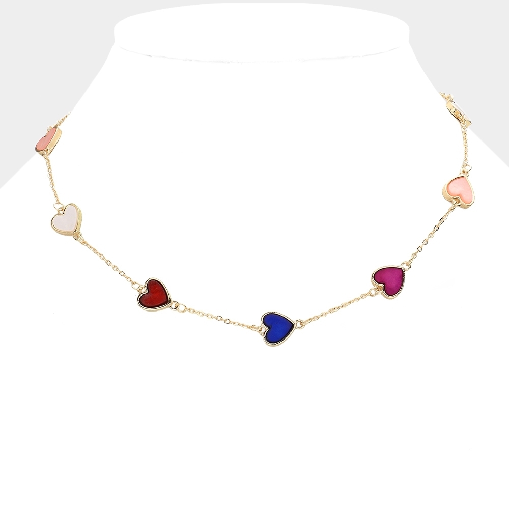 Multicolored Gold Heart Chain Necklace Station Pendant Jewelry